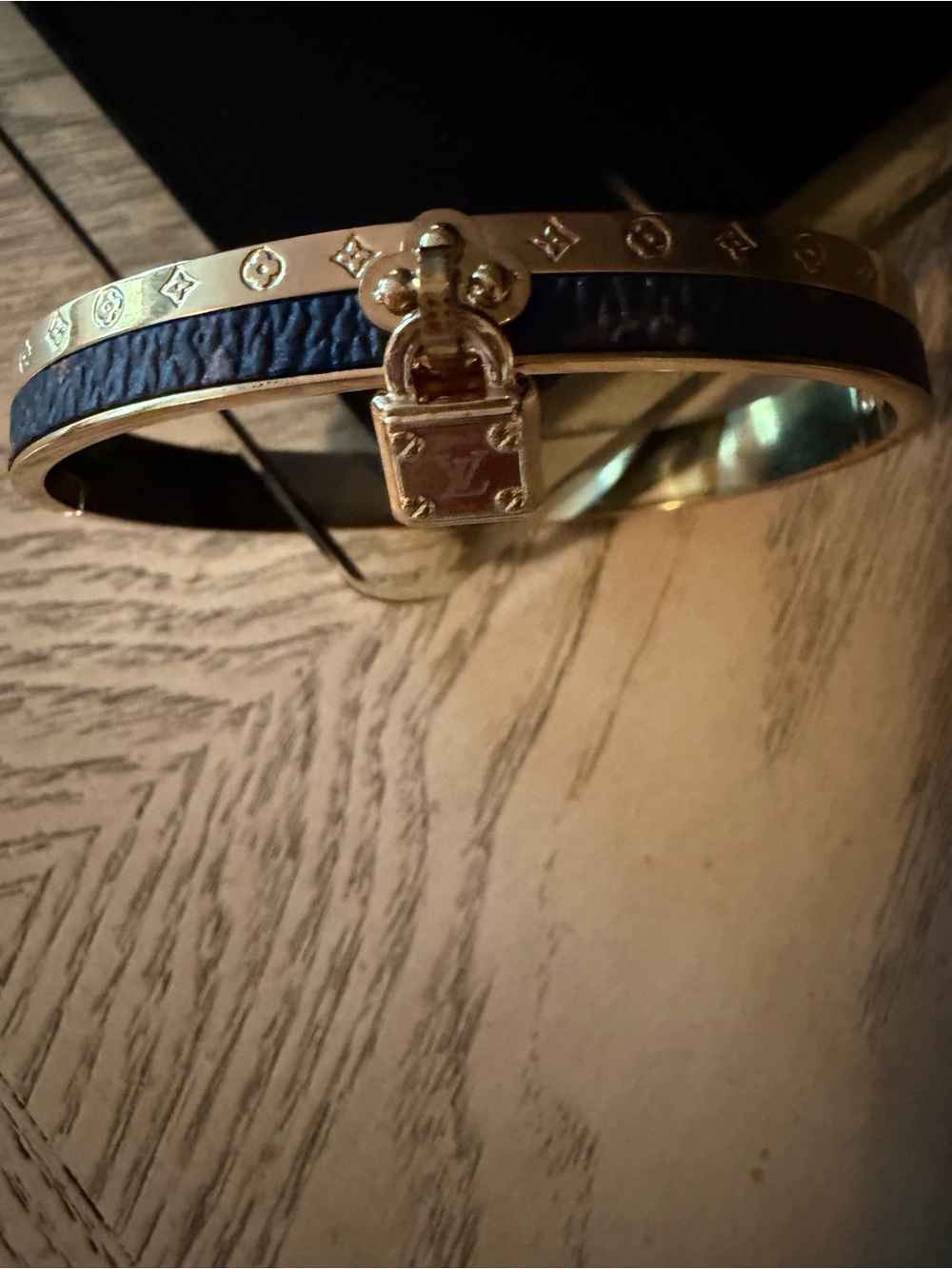 Gold-tone Padlock Bangle with Dark Brown Leather Inlay